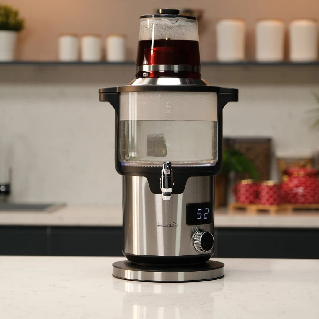 Kochmaster Glas Samowar, 4,5 - 1,1 Liter, Edelstahl, 2000W, Temperaturrregellung Teakocher