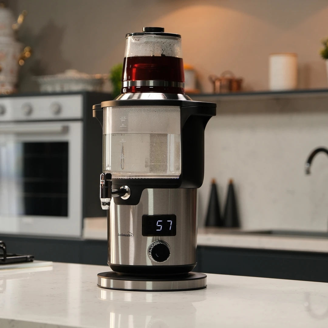 Kochmaster Glas Samowar, 4,5 - 1,1 Liter, Edelstahl, 2000W, Temperaturrregellung Teakocher