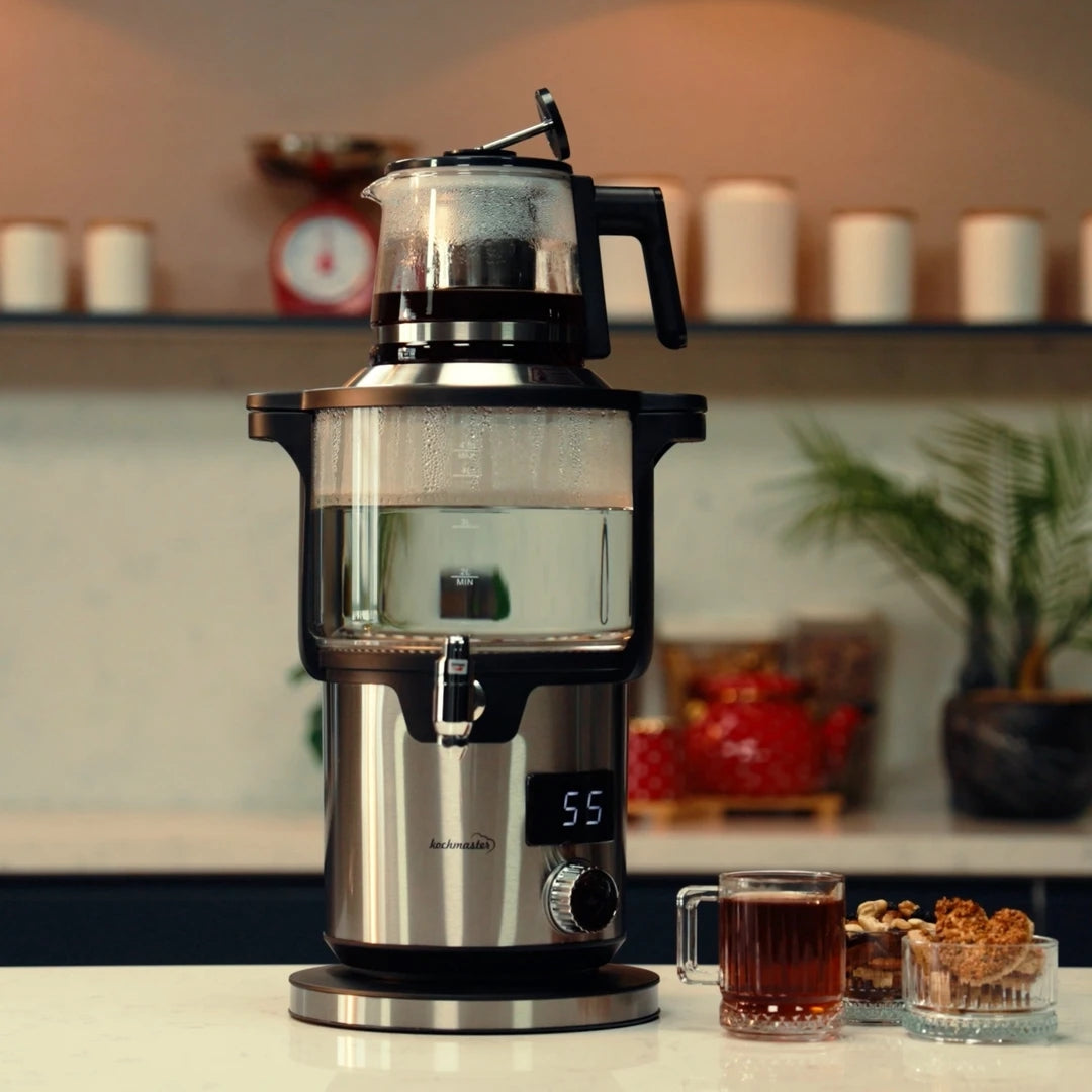 Kochmaster Glas Samowar, 4,5 - 1,1 Liter, Edelstahl, 2000W, Temperaturrregellung Teakocher