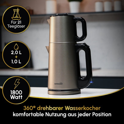 Kochmaster Teekocher, 1800W, Edelstahl 2.0 + 1.0 Liter, Doppelheizsystem, Wasserkocherduct