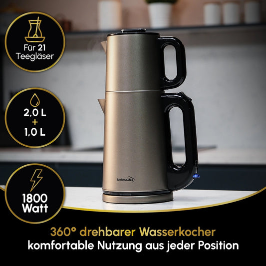 Kochmaster Teekocher, 1800W, Edelstahl 2.0 + 1.0 Liter, Doppelheizsystem, Wasserkocherduct
