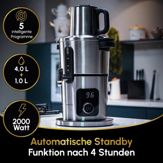 Kochmaster Samowar, Edelstahl, Warmhaltefunktion, 4.0 + 1.0 Liters, Temperaturregelung Teekocher