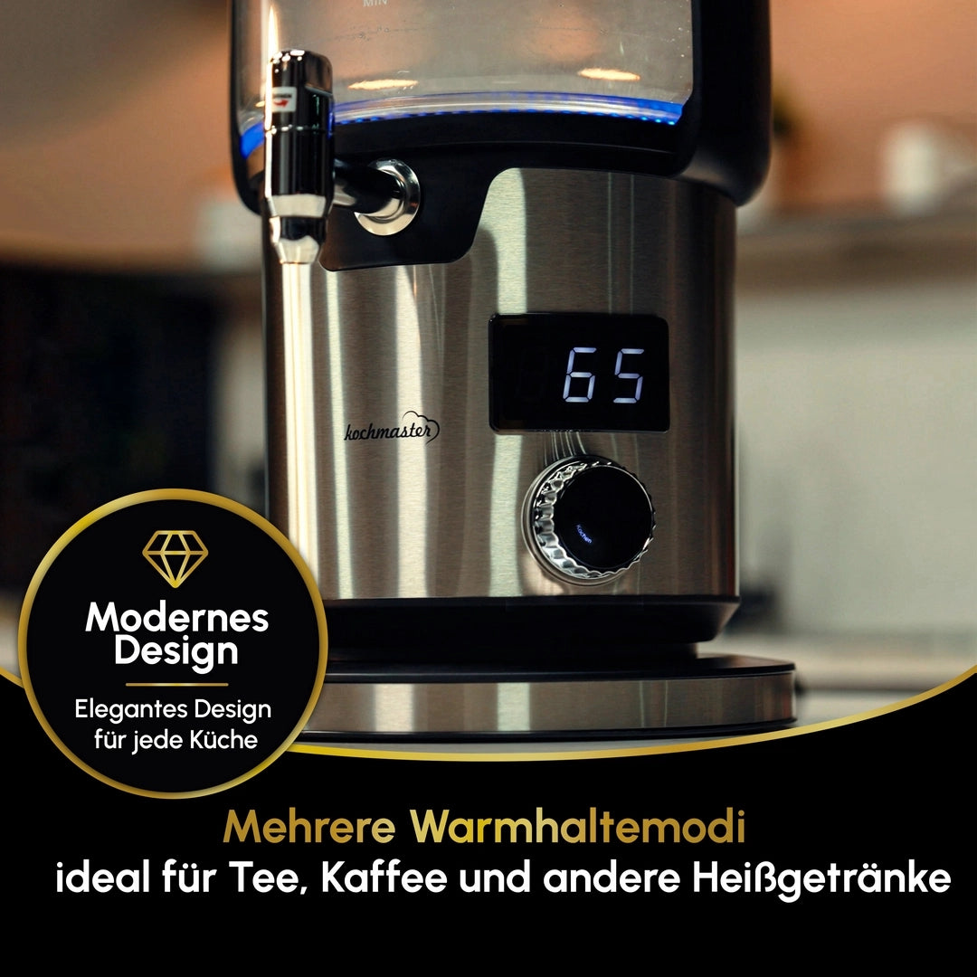 Kochmaster Glas Samowar, 4,5 - 1,1 Liter, Edelstahl, 2000W, Temperaturrregellung Teakocher