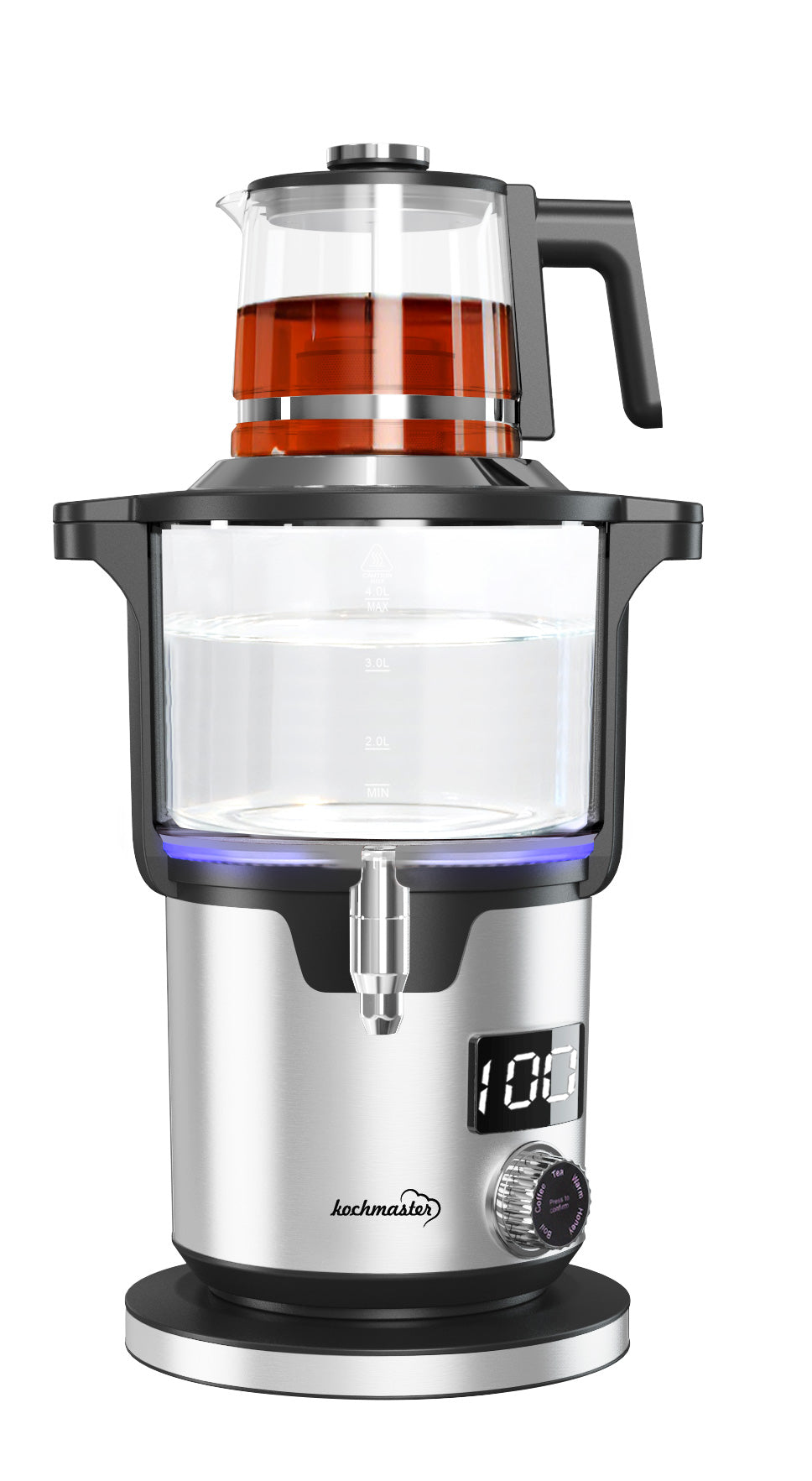 Kochmaster Glas Samowar, 4,5 - 1,1 Liter, Edelstahl, 2000W, Temperaturrregellung Teakocher